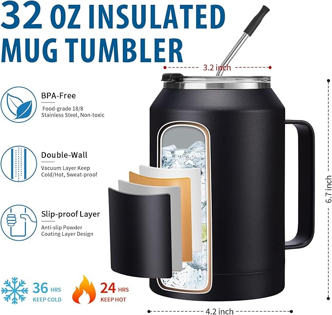 32 oz Insulated Coffee Mug Tumbler - w/ Handle, 2-in-1 Straw & Chug Lid, Silicone Boot, Double Wall Vacuum Insulated Tumblers Cups 32oz, Leak Proof Stainless Steel Water Bottle Work Home Travel Mugs