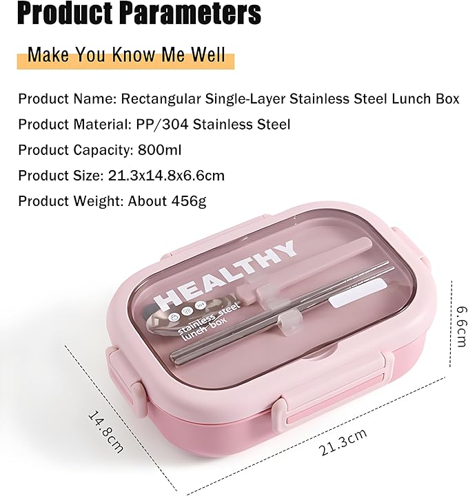 Stainless Steel Lunch Box, 2 Compartment Bento Box for Adults, Easy to Clean, Leak-Proof Design, Food Storage Container with Tableware for Family, Work, Picnics and Travel(800ml, Pink)
