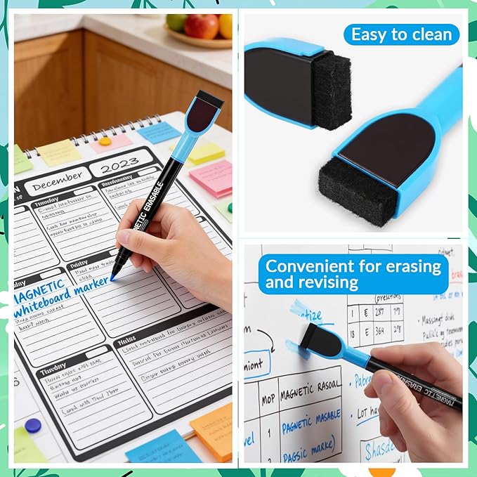 12 Pcs Dry Erase Markers, Black Magnetic Erasable Whiteboard Markers, 1 mm Fine Tip Dry Erase Marker with Eraser, Low Odor Thin Markers for Glass Whiteboards Mirrors Calendar Office