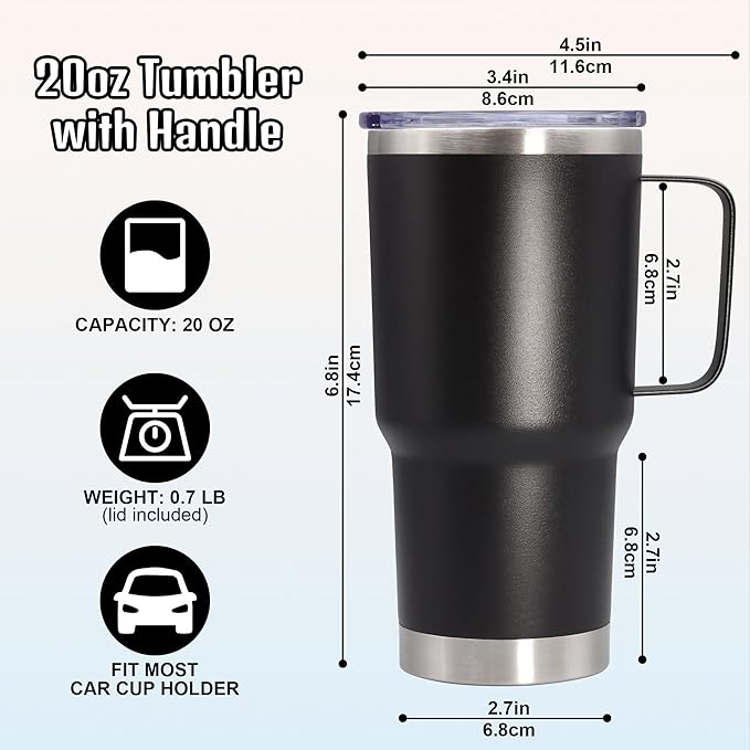 20 oz Tumbler with Handle and Lid, Stainless Steel Tumbler Insulated Travel Coffee Mug, Spill Proof Double Wall Vacuum Tumbler Cup Keep Drink Hot & Cold, Black, 6 Pack