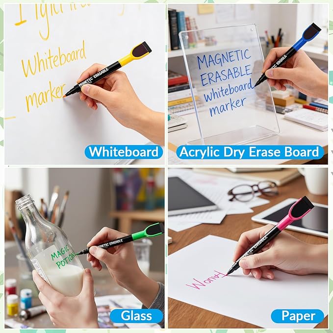 12 Pcs Magnetic Dry Erase Markers, Colorful Fine Tip Whiteboard Markers with Erasers, Thin Low Odor Dry Erase Marker Set for White Board Fridge Calendar Office Home
