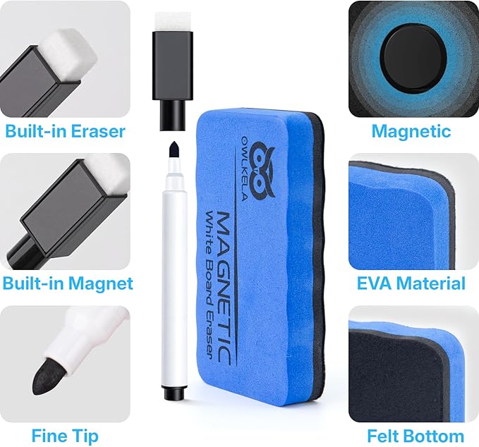 OWLKELA 10 Pcs Colorful Magnetic Erasable Markers for Whiteboard, Dry Erase Markers with Eraser, Low Odor Magnetic Eraser, White Board Markers for Office, Classroom, Home, 8 Color
