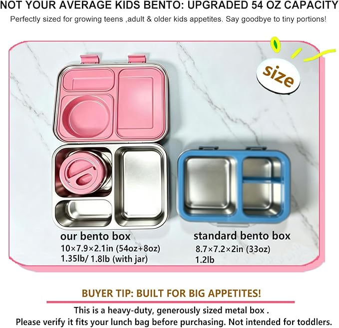 Stainless Steel Bento Lunch Box-7+ Older Kids，Teens ＆ Adult with Insulated Food Jar,Leakproof 3-Compartment,BPA-Free, Eco-Friendly,Dishwasher Safe, Large-Capacity Box, School,Office,Travel （Pink)