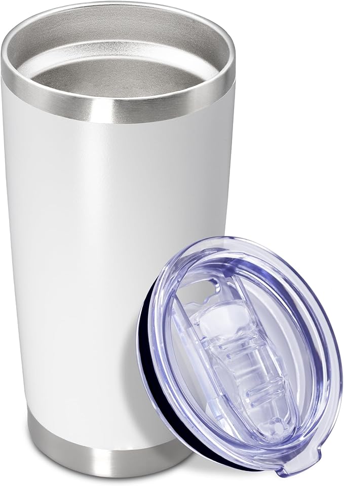 20 oz Tumbler Coffee Travel Tumblers Bulk with Lid Stainless Steel Double Wall Vacuum Insulated Mug Powder Coated Cups fit Car Cupholder for Hot and Cold - White, 1Pack