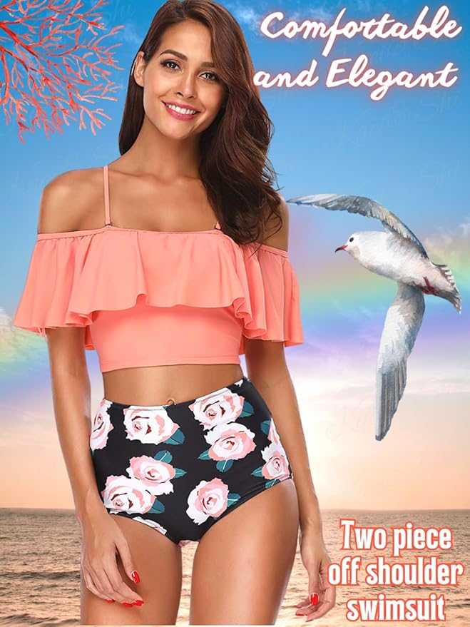 Kaei&Shi High Waisted Flounce Bikini Set,Tummy Control Swimsuits for Women,Off Shoulder