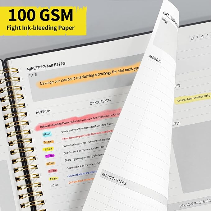 SUNEE Meeting Notebook for Work with Sticky Tabs - 160 Pages, B5 Size Project Planner, Spiral Meeting Agenda/Minutes Notebook Organizer for Women Men, Note Taking, Office & Business, 7"x10", Black