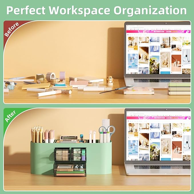 Marbrasse Desk Organizer Pen Holder for Desk with 3 Drawers, Multi-Functional Pencil Holder, Desk Organizers and Accessories with 7 Compartments for Home, School, Classroom(Green)