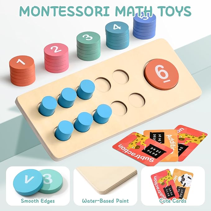 Lewo Wooden Montessori Math Manipulatives Preschool Toys, 1 to 20 Addition and Subtraction Games with Ten Frame/Number Flashcard, Educational Learning Counting Peg Board for Toddlers 3 4 5 Year Old