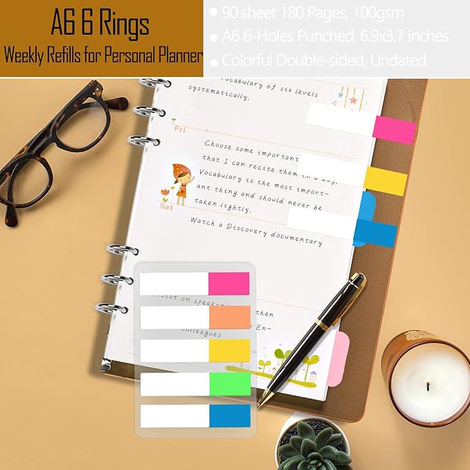 Rancco A6 Planner Inserts Weekly Planner Refills, 90 Pages Colorful 6-Ring Loose-leaf Paper Binder Inserts w/Divider, PVC Pouch, Ruler, Index Tab for Journal, Filofax, Double-sided, Undated, 6.9x3.7"