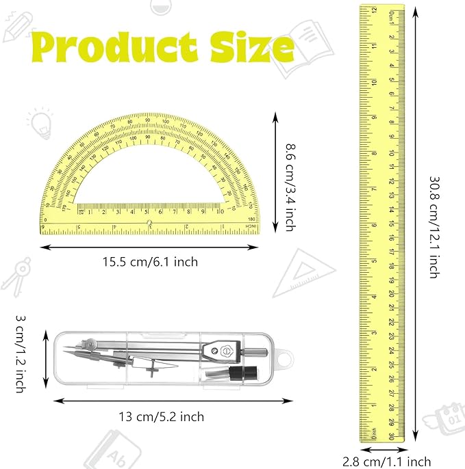 Zonon 3 Pcs Plastic Ruler 6 Inch Protractor Drawing Compass Set, Student Geometry Math Transparent Measuring Tools for Home School Classroom Office Supplies(12 Inch,Yellow)