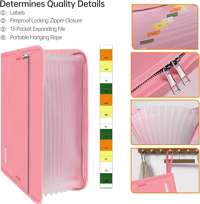ENGPOW Accordion File Organizer,Fireproof 13 Pockets Expanding File Folder,Document Organizer Folder with Zipper＆Labels,Portable Home Travel Safe Storage for Letter A4 Files and More,Pink