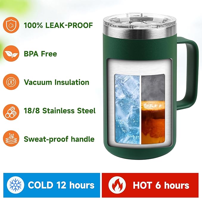 22oz Insulated Coffee Mug with Handle & Leak-Proof Lid - Double Wall Stainless Steel Travel Tumbler Bulk for Commute/Office/Home, Army Green, 8 Pack