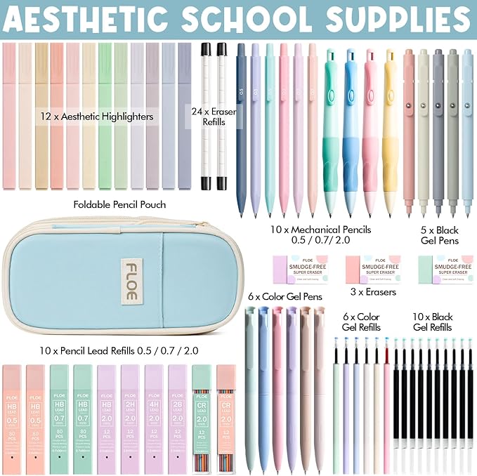 65PCS Aesthetic School Supplies with Cute Pencil Case, Pastel Highlighters Gel Pens Mechanical Pencils Set 0.5 0.7 & 2.0mm, Office Back to School Supplies College Essentials Kit Student Stationary Set