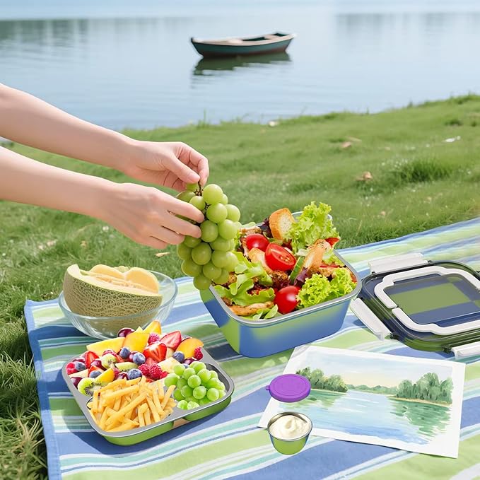 Set of 2 Salad Container for Lunch Large-60-oz Salad Bowl with Lid,3 Compartment Bento-Style Tray and 1.5-oz Salad Dressings Container,Stainless Steel container with Lids, Lunch Box, Bento Box（White）