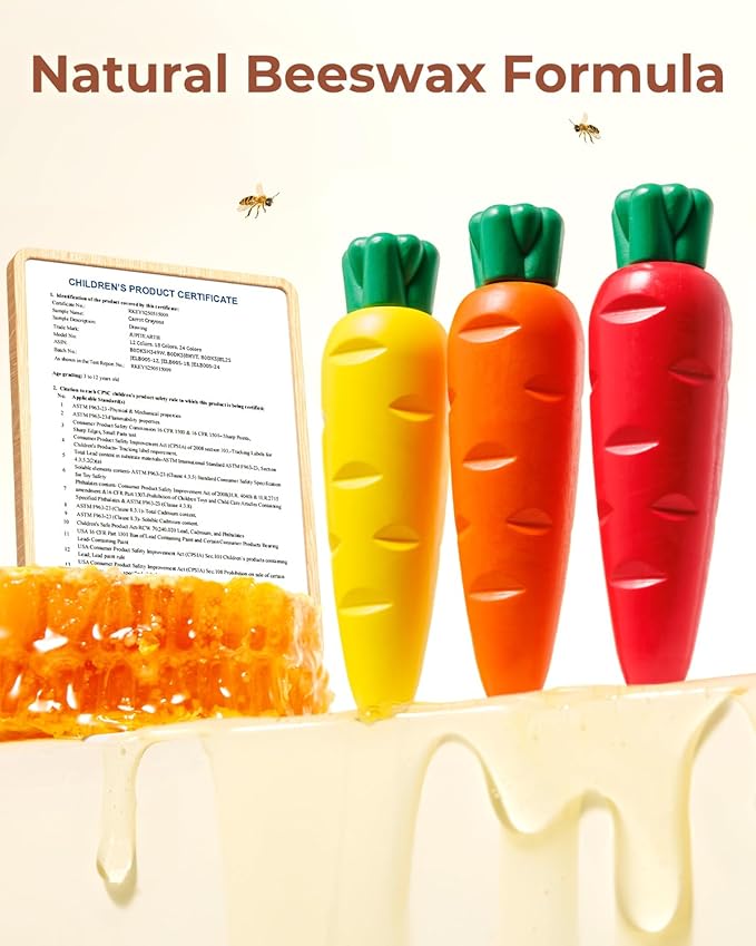 JUPITEARTH Carrot Crayons for Kids 12 Colors, Non Toxic Beeswax Crayons for Toddlers 1-3 with 30-Page Coloring Book & Stickers & 120 PDF Pages, Mess-Free Coloring for Kids Art Supplies Gift