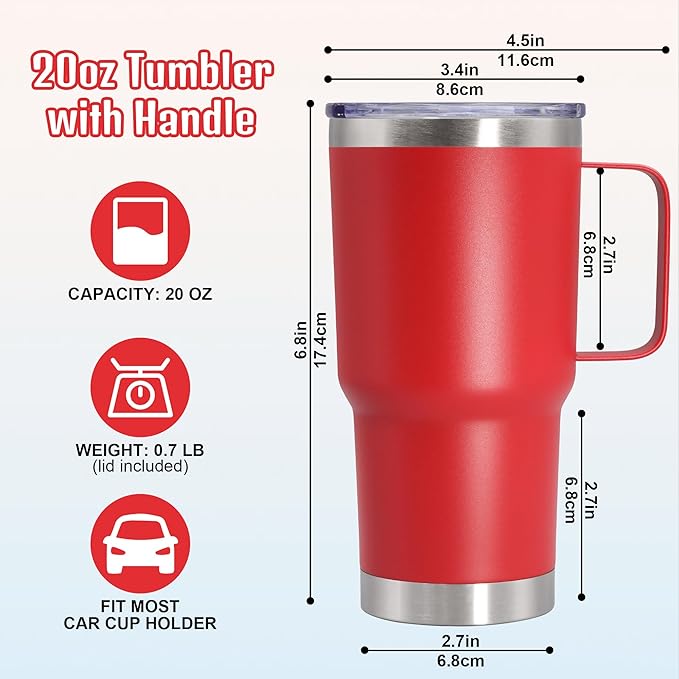 20 oz Tumbler with Handle and Lid, Stainless Steel Tumbler Insulated Travel Coffee Mug, Spill Proof Double Wall Vacuum Tumbler Cup Keep Drink Hot & Cold, Red, 12 Pack