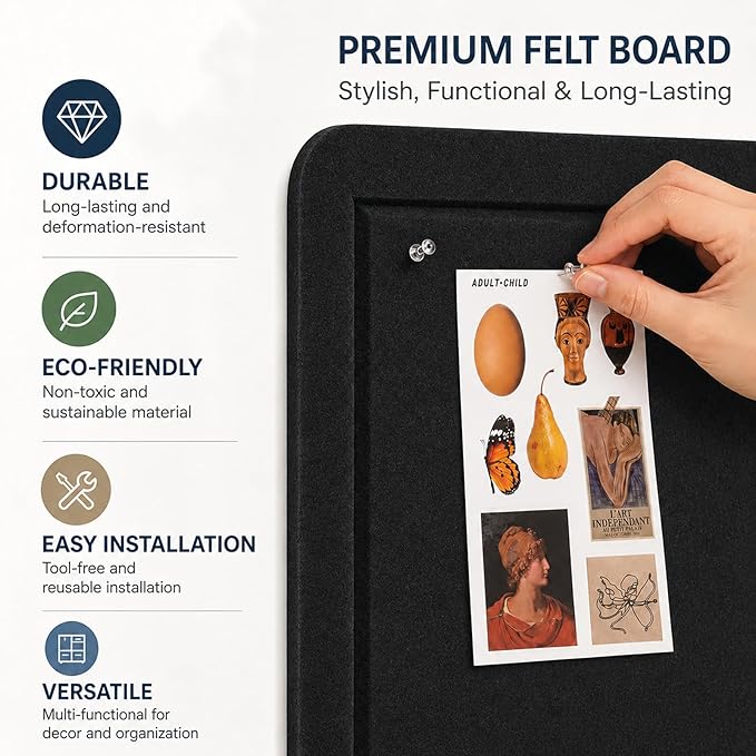 Felt Bulletin Board for Wall 48" x 36" Unfolded Size, Large Frameless Felt Pin Board, Soft Cork Board Alternative for Office, Home Planning, Notes, Photos & Wall Decor, Foldable Shipping, Easy Install