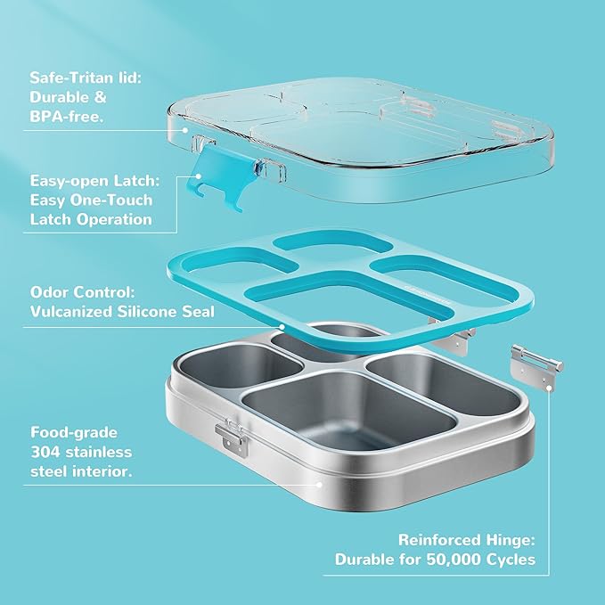 G.a HOMEFAVOR Stainless Steel Lunch Box - 4 Compartments Bento Box for Kids, Leakproof Food Container for School, Office, Dishwasher Safe, BPA-Free, 800 ml/27 oz, Blue