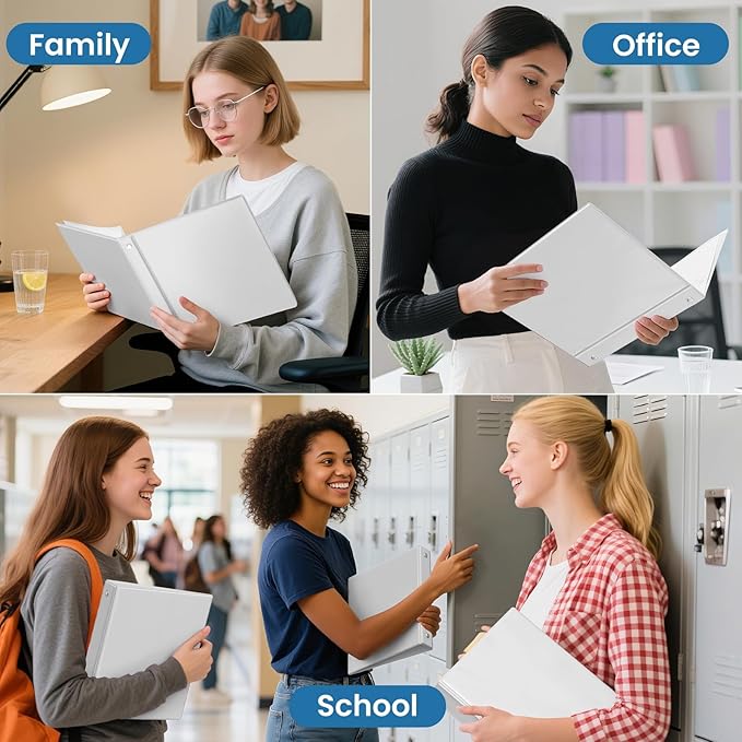 SUNEE 1/2 Inch Binders 3 Ring 12 Pack Bulk, 3 Ring Binders Clear View PVC-Free (Fit 8.5x11 Inches) for School or Office Supplies, White