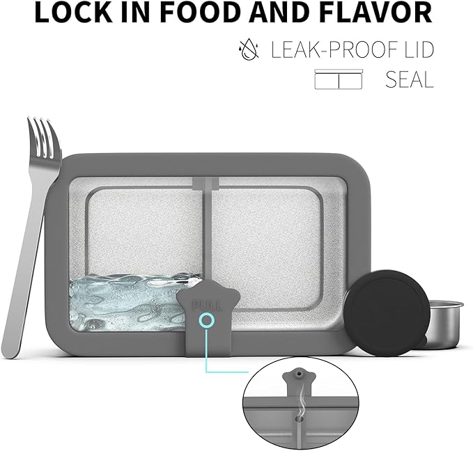Bakpoco Stainless Steel Bento Box for Adult, 42oz Leak-Proof Lunch Box Containers with Adjustable Divider, Microwave-Safe, Metal Lunchbox with Glass Lid for Work Travel, Black