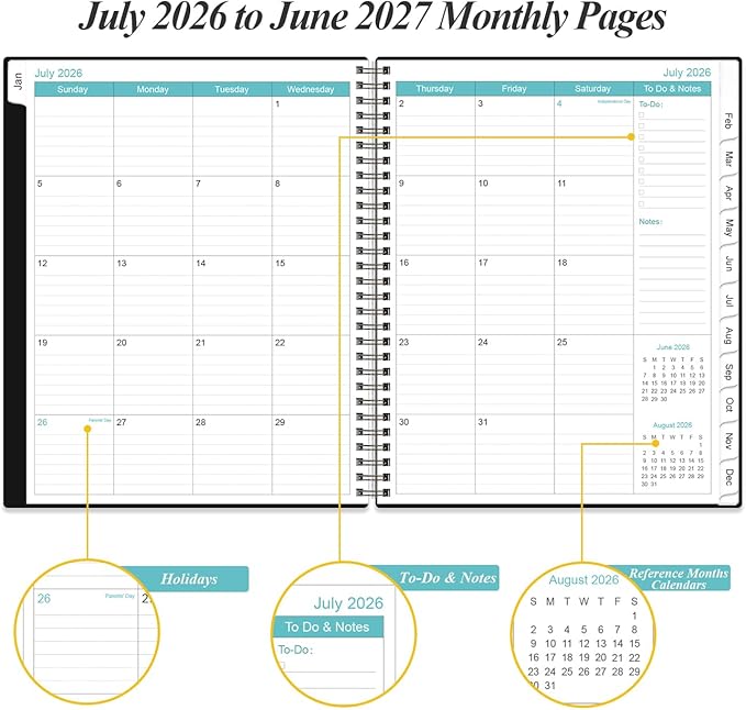 2026-2027 Planner - Planner 2026-2027 from July 2026 - June 2026, Weekly & Monthly Planner Spiral Bound with 12 Monthly Tabs, Inner Pocket, 6.4" x 8.5", Black-E