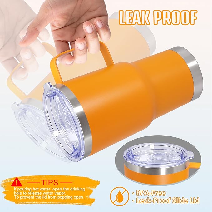 20 oz Tumbler with Handle and Lid, Stainless Steel Tumbler Insulated Travel Coffee Mug, Spill Proof Double Wall Vacuum Tumbler Cup Keep Drink Hot & Cold, Orange, 6 Pack