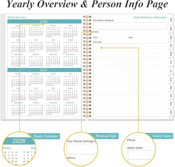 2026-2027 Planner - Planner 2026 from July 2026 to June 2027 with 12 Monthly Tabs, Flexible Cover, Inner Pocket, 8.5" x 11", Black