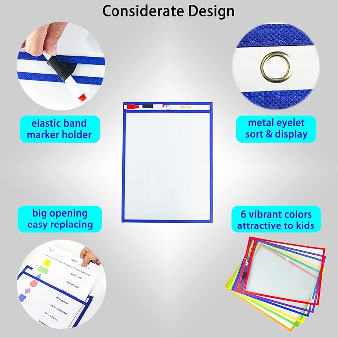 MILEKE Dry Erase Pockets, Clear Plastic Dry Erase Sleeves, A4 Dry Erase Sheets for Teaching & Drawing, Heavy Duty Paper Protector Sheet & Card Pouch & Ticket Holder, 6 Assorted Colors/Pack