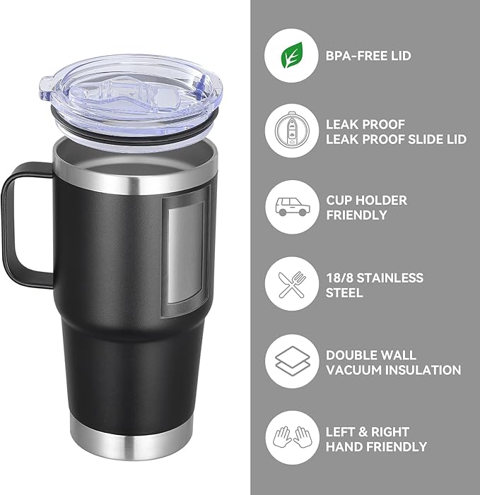 VEGOND 20 oz Tumbler with Handle Lid and Straw, Stainless Steel Insulated Travel Coffee Mug Spill Proof Double Wall Metal Tumbler Cup Keeps Drink Hot and Cold, Black 1 Pack