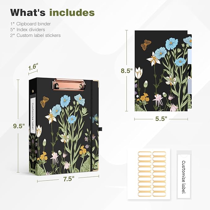 Ospelelf Mini Binder 3 Ring 1 Inch, Floral Round Ring Clipboard Binder with 5 Tab Dividers, File Folder Labels, for School and Office Supplies