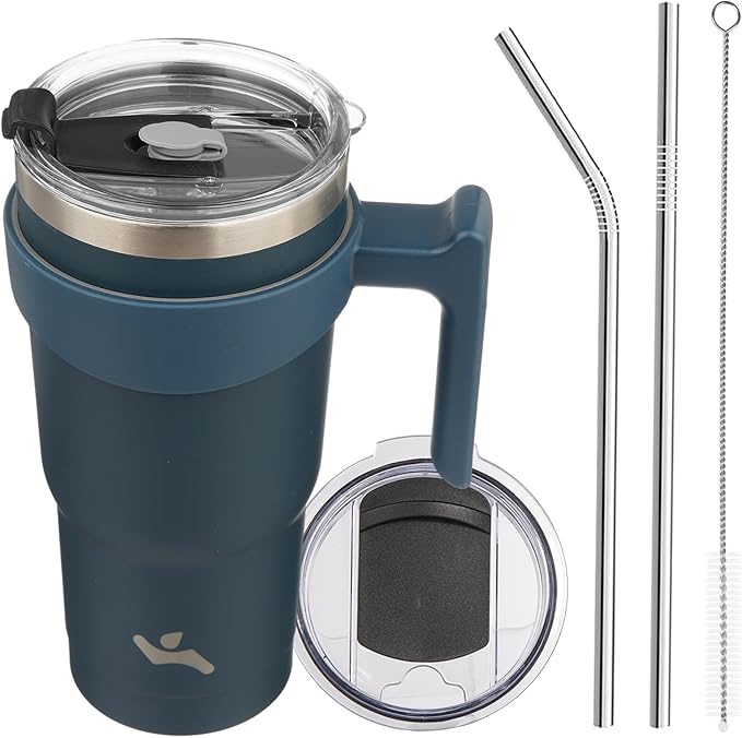 Konokyo 20 oz Tumbler with Handle and 2 Straw 2 Lid, Insulated Water Bottle Stainless Steel Vacuum Cup Reusable Travel Mug, Navy Blue