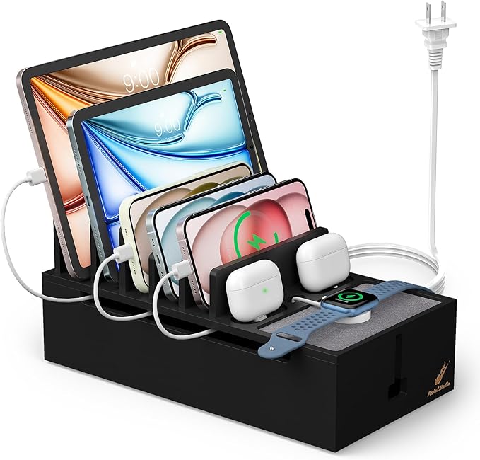 Pezin & Hulin Multi Charger Station Organizer, 5-Port USB Charger Dock with 6 Cables, Cable Management Box, Cord Organizer for Desk, Wire Organizers and Storage for Cords and Power Strip -Black