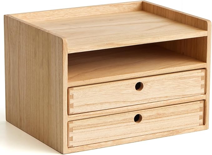KIRIGEN Desktop Organizer with 2 Drawers and Tray - Wood Office Desk Storage Shelf for Office Supplies - Small Cabinet for Countertop Accessories Storage 3 Layer Natural（DT3D2C-NA）
