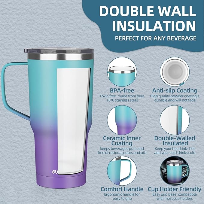 20 oz Insulated Coffee Mug with Ceramic Coating, Stainless Steel Travel Mug Tumbler with Handle Lid and Straw, Double Wall Leak-Proof Coffee Travel Mug Keeps Drink Hot and Cold (Azure Purple)