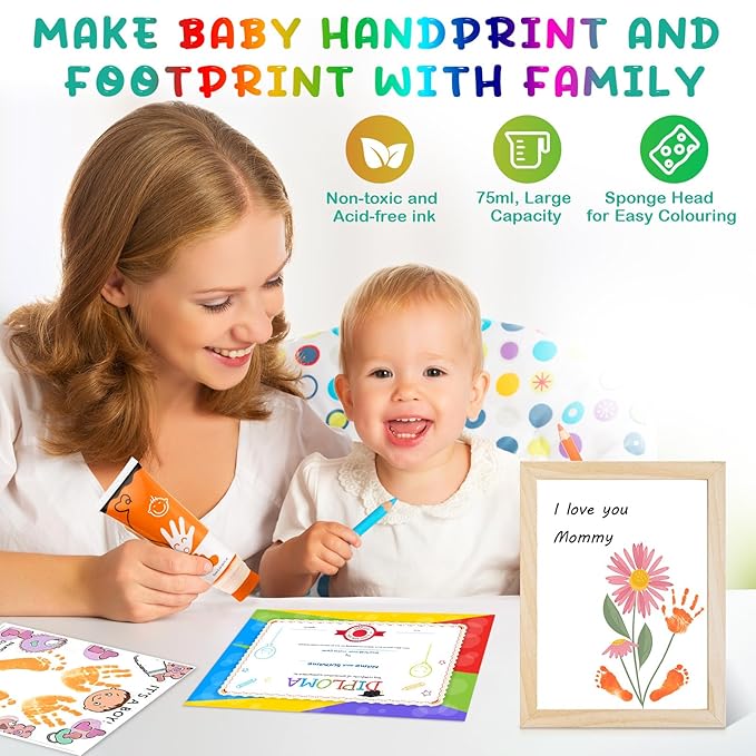 Baby Hand and Footprint Paint with Sponge Head, 2.54 fl oz, Non-Toxic & Acid-Free, Washable Baby Safe Paint for Newborn Keepsakes, Dog Nose & Paw Prints, Ideal New Mom Gift - Orange