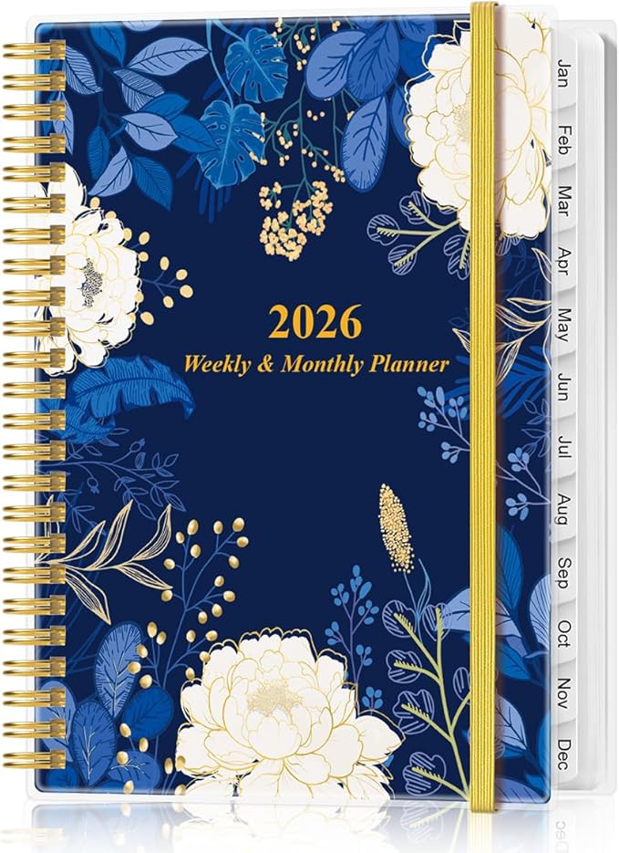 2026 Planner - Planner 2026 from January 2026 - December 2026, Weekly & Monthly Planner Spiral Bound with 12 Monthly Tabs, Inner Pocket, 6.4" x 8.5", Blue Flower