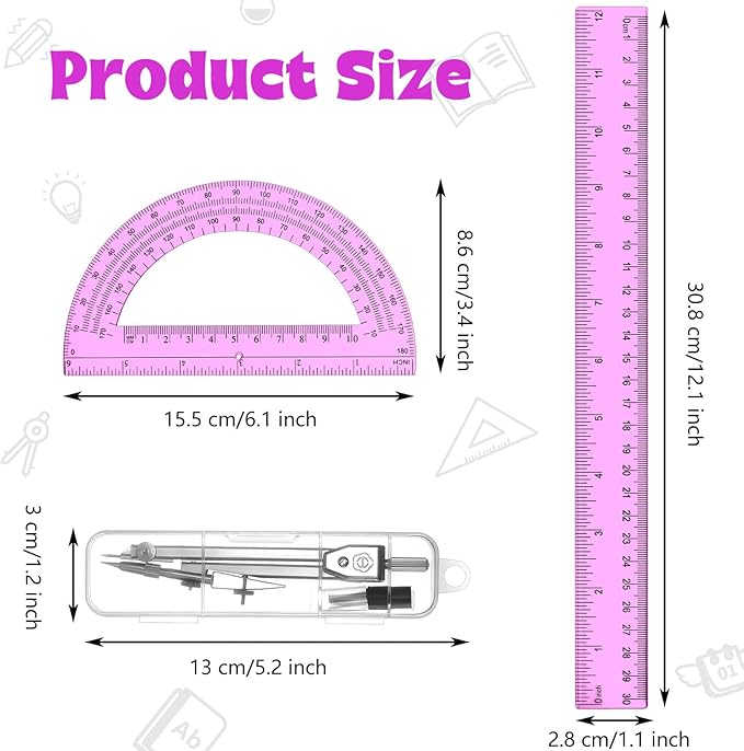 Zonon 3 Pcs Plastic Ruler 6 Inch Protractor Drawing Compass Set, Student Geometry Math Transparent Measuring Tools for Home School Classroom Office Supplies(12 Inch,Pink)