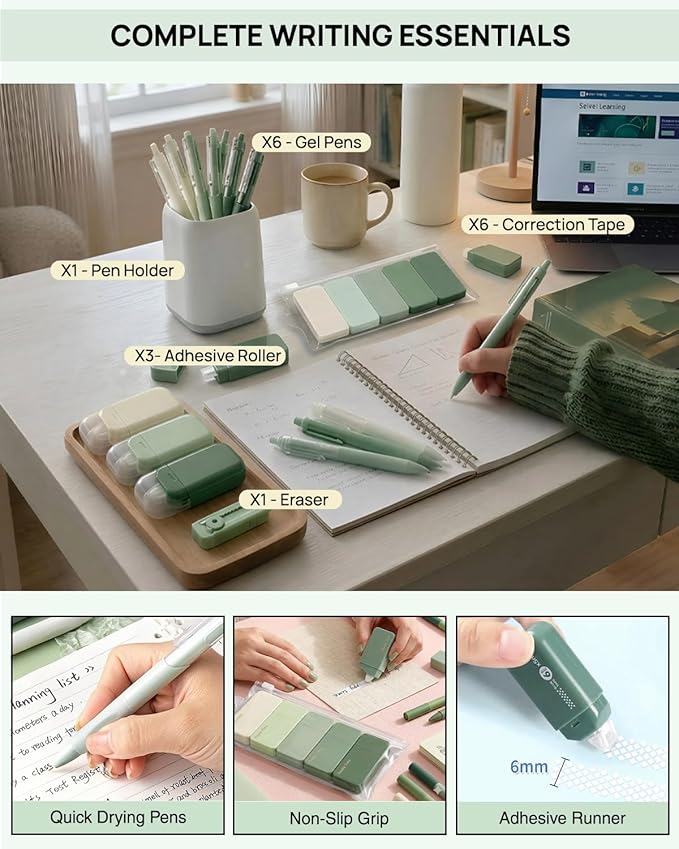 41Pcs Aesthetic Pink Office Supplies Set, All-in-One 5 Compartments Desk Organizer Kit with Large Capacity Pen Pouch, A5 Notebook for Women & Journaling (green)