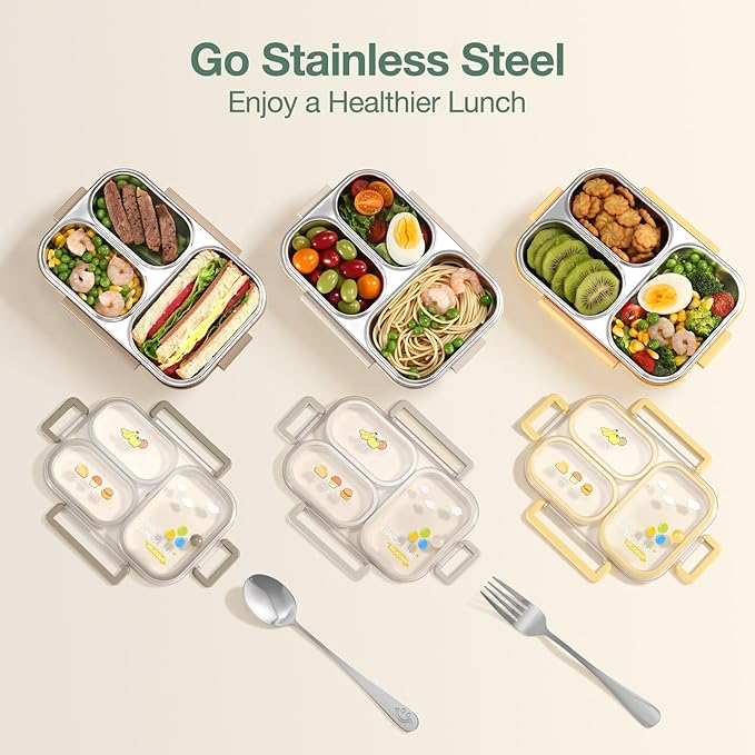 NUKied Stainless Steel Lunch Box for Kids & Adults, 3-Compartment Leak Proof Metal Bento Lunch Box with Fork & Spoon, 26.4 oz Airtight Food Storage Snack Container for School, Work, Travel (Beige)