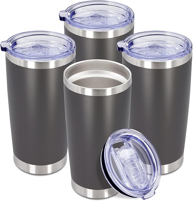 20 oz Tumbler Coffee Travel Tumblers Bulk with Lid Stainless Steel Double Wall Vacuum Insulated Mug Powder Coated Cups fit Car Cupholder for Hot and Cold - Grey, 4Pack