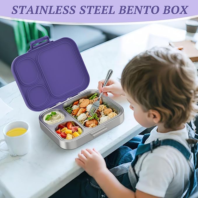 Stainless Steel Lunch Box, Leak-Proof with free sealing Bento Box 3 Compartments, Metal Lunchbox for Travel & Work, Eco-Friendly Meal Storage Solution Purple