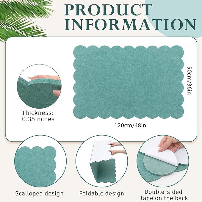 Mooliwe Scalloped Felt Bulletin Board 48 x 36 Inches Foldable Forest Green Pin Cork Board Alternative for Wall, 4' x 3' Trifold Picture Vision Self Adhesive Bulletin Decorative