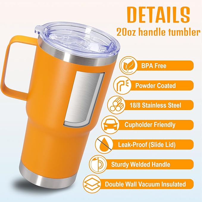 20 oz Tumbler with Handle and Lid, Stainless Steel Tumbler Insulated Travel Coffee Mug, Spill Proof Double Wall Vacuum Tumbler Cup Keep Drink Hot & Cold, Orange, 6 Pack