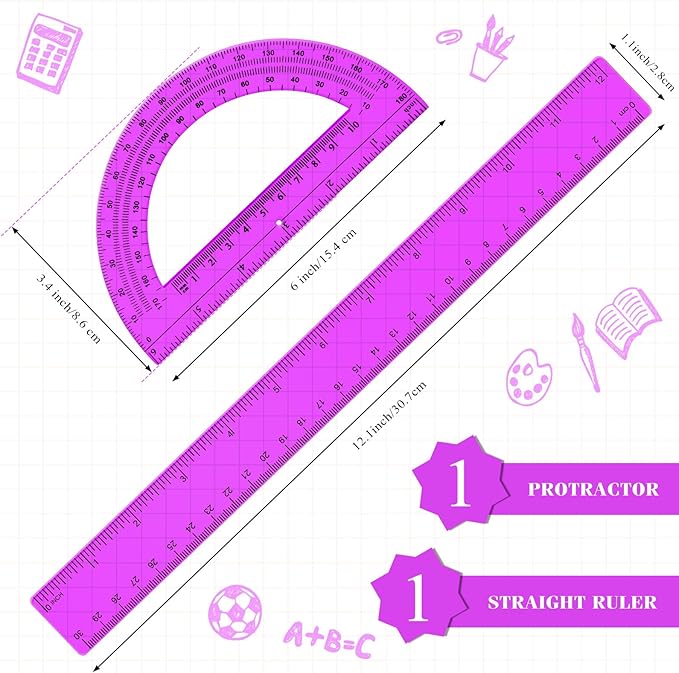 Zonon 2 Pack 12'' Plastic Ruler and 6'' Plastic Protractor Set Clear Ruler Protractor Set Math Geometry Supplies for School Classroom Home Office Drawing(Purple)