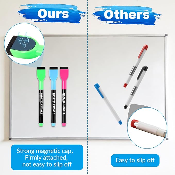 12 Pcs Dry Erase Markers, Black Magnetic Erasable Whiteboard Markers, 1 mm Fine Tip Dry Erase Marker with Eraser, Low Odor Thin Markers for Glass Whiteboards Mirrors Calendar Office