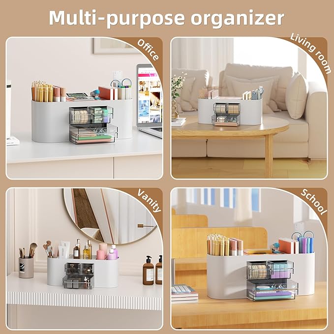 Marbrasse Desk Organizer Pen Holder for Desk with 3 Drawers, Multi-Functional Pencil Holder, Desk Organizers and Accessories with 7 Compartments for Home, School, Classroom(Grey)