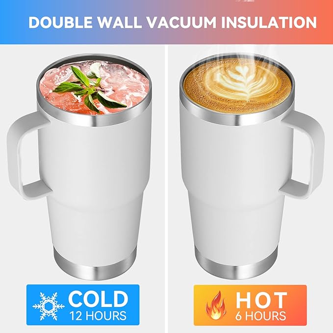 VEGOND 20 oz Tumbler with Handle Lid and Straw, Stainless Steel Insulated Travel Coffee Mug Spill Proof Double Wall Metal Tumbler Cup Keeps Drink Hot and Cold, White 1 Pack