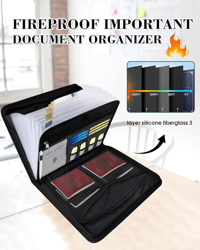 Fireproof Important Document Organizer Folio - Accordion File Organizer, 13 Pocket Expanding File Folder with Labels,Safe Holder and Organizer for Birth Certificate,Paper,Receipt,Bill,etc.