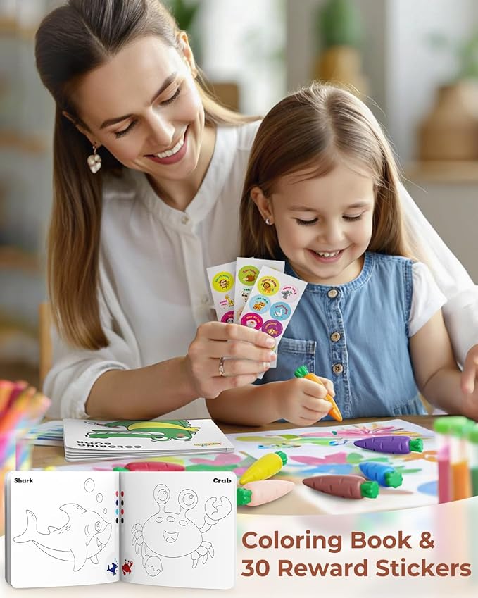 JUPITEARTH Carrot Crayons for Kids 24 Colors, Non Toxic Beeswax Crayons for Toddlers 1-3 with 30-Page Coloring Book & Stickers & 120 PDF Pages, Mess-Free Coloring for Kids Art Supplies Gift