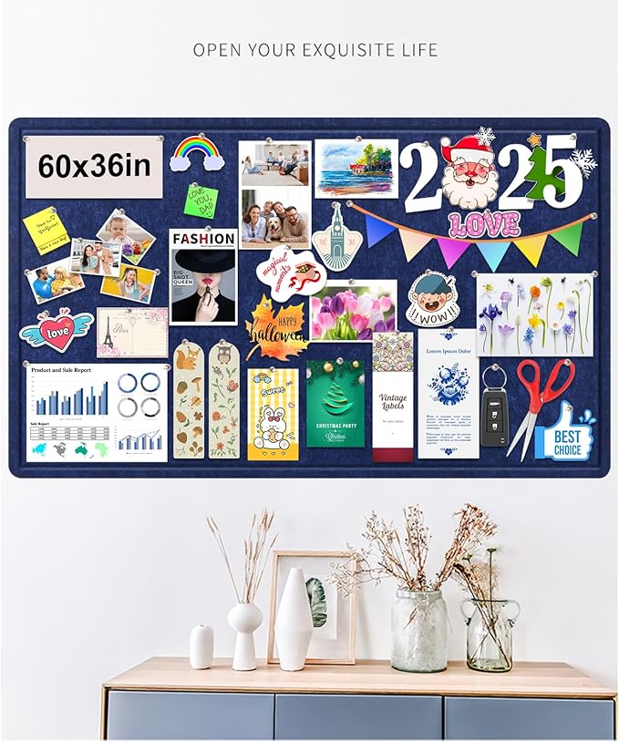 Large Bulletin Board, Foldable 60x36 Inches Cork Board Alternative, Large Felt Board Decorative Pin Board for Wall, Foldable Photo Board Self-Adhesive Vision Board with 36 Pushpins Dark Blue
